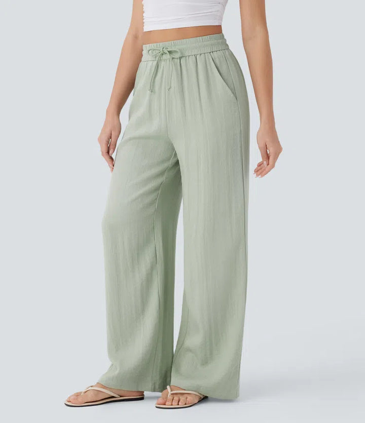 High Waisted Drawstring Pocket Wide Leg Baggy Casual Linen-Feel Pants