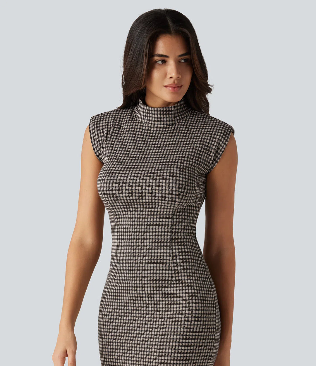 High Neck Sleeveless Bodycon Patterned Midi Work Dress