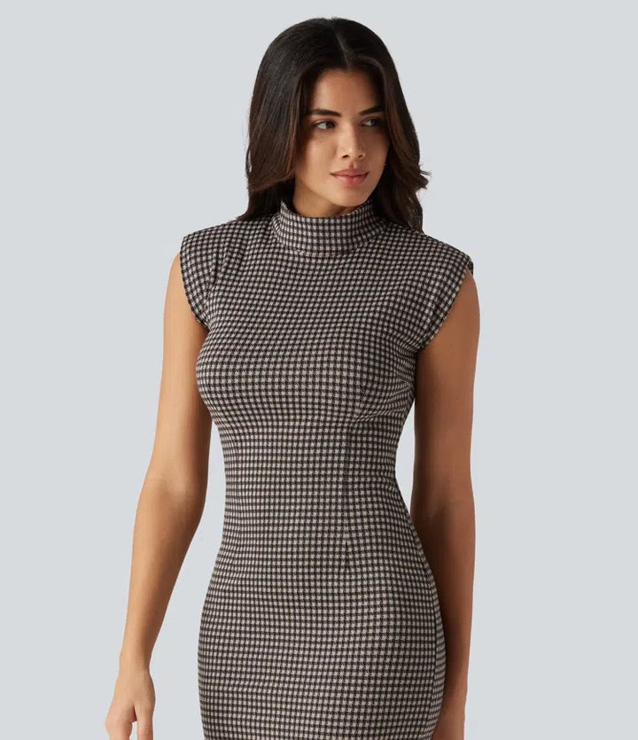 High Neck Sleeveless Bodycon Patterned Midi Work Dress