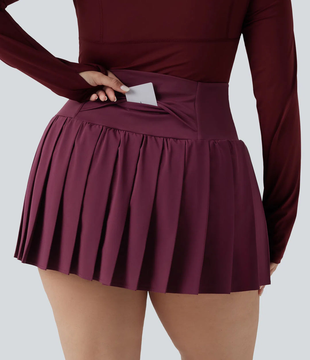 Plus Size Breezeful High Waisted Pleated 2-in-1 Asymmetric Hem Quick Dry Mini Yoga Skirt with Pockets