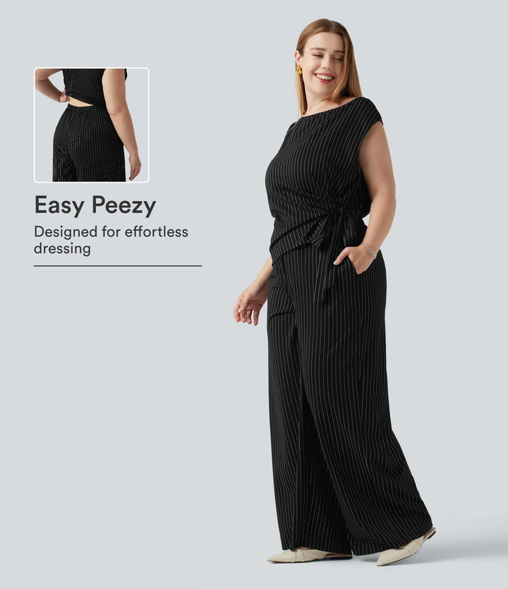 Plus Size Boat Neck Sleeveless Tie Side InstantCool Stripe Work Jumpsuit with Pockets-Easy Peezy Edition
