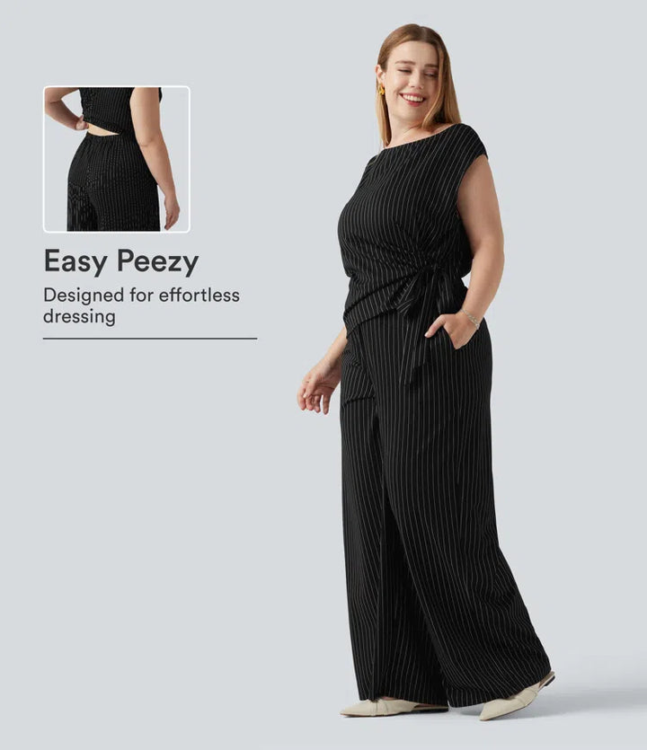 Plus Size Boat Neck Sleeveless Tie Side InstantCool Stripe Work Jumpsuit with Pockets-Easy Peezy Edition