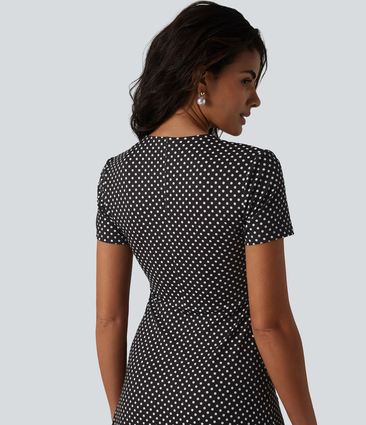 V Neck Short Sleeve Polka Dot Knee Length Casual Dress
