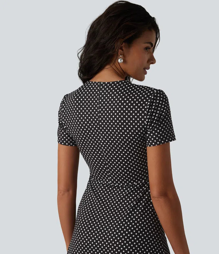 V Neck Short Sleeve Polka Dot Knee Length Casual Dress