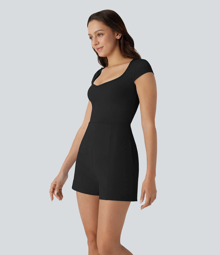 SoftlyZero Airy U Neck Cap Sleeve Pocket Cool Touch Yoga Romper-Easy Peezy