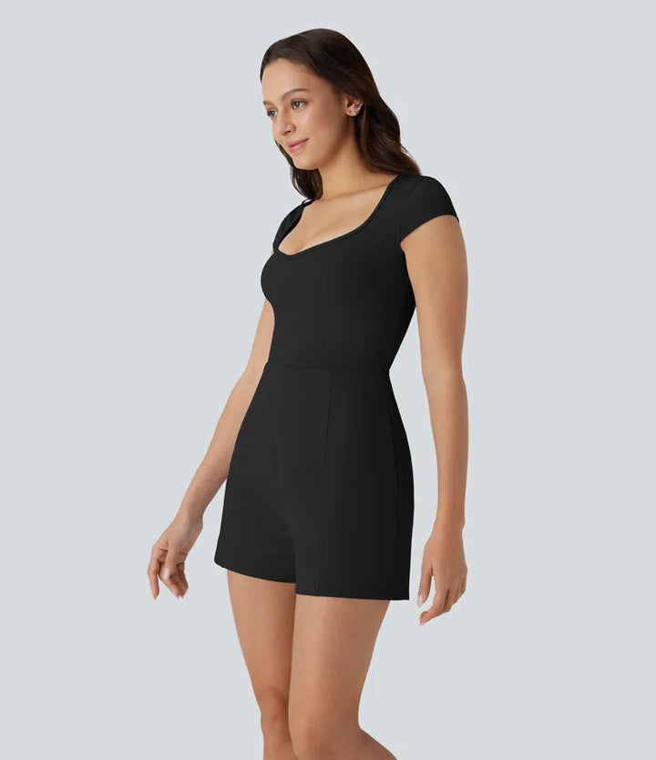SoftlyZero Airy U Neck Cap Sleeve Pocket Cool Touch Yoga Romper-Easy Peezy