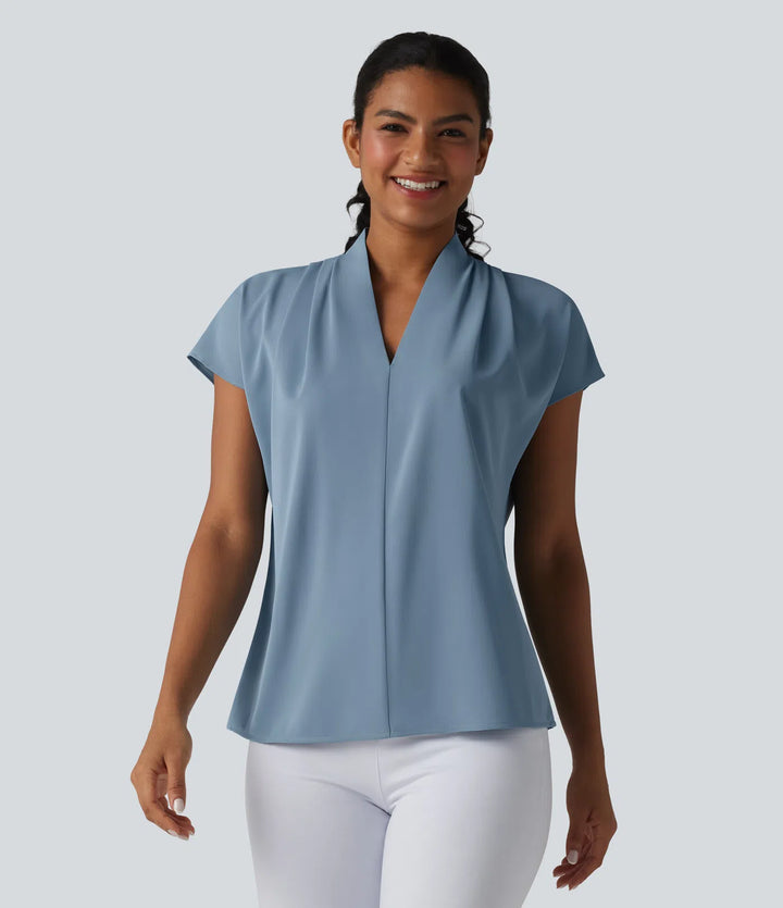 Wrinkle Recovery V-neck Batwing Sleeve Loose Fit Work Blouse