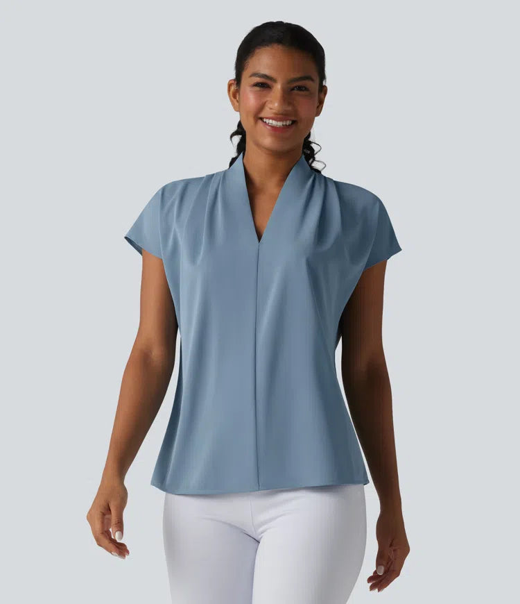 Wrinkle Recovery V-neck Batwing Sleeve Loose Fit Work Blouse