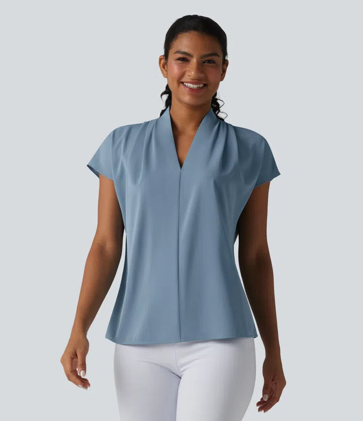 Wrinkle Recovery V-neck Batwing Sleeve Loose Fit Work Blouse
