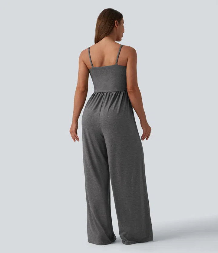 Adjustable Straps Ruched Wide Leg Heathered Casual Jumpsuit with Pockets-Easy Peezy