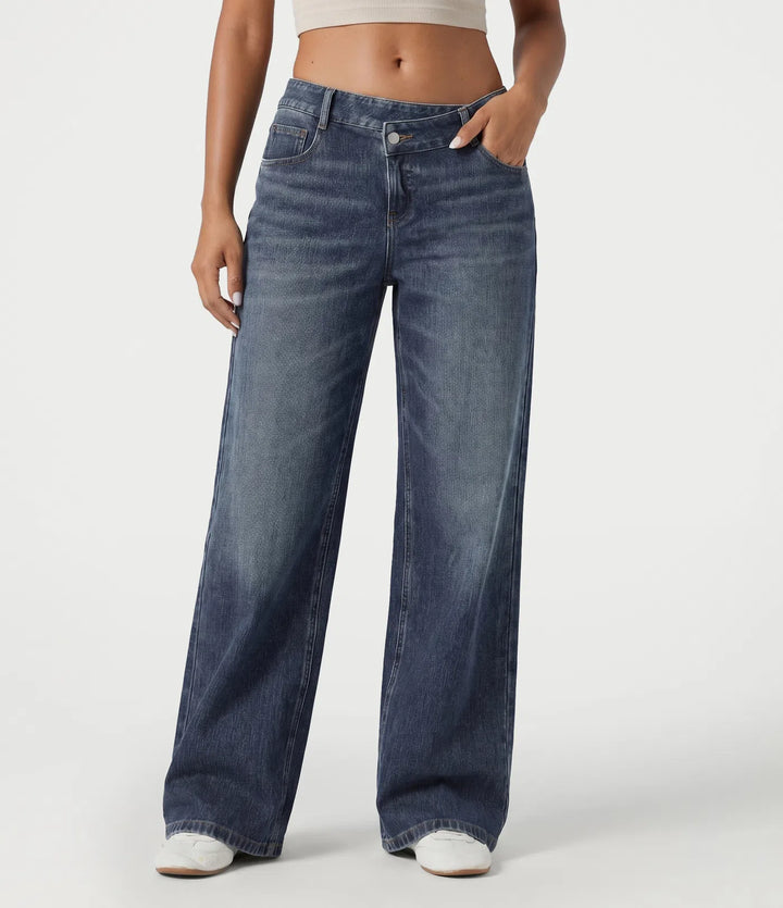 Halara Flex Asymmetric Low Rise Baggy Washed Casual Jeans with Pockets