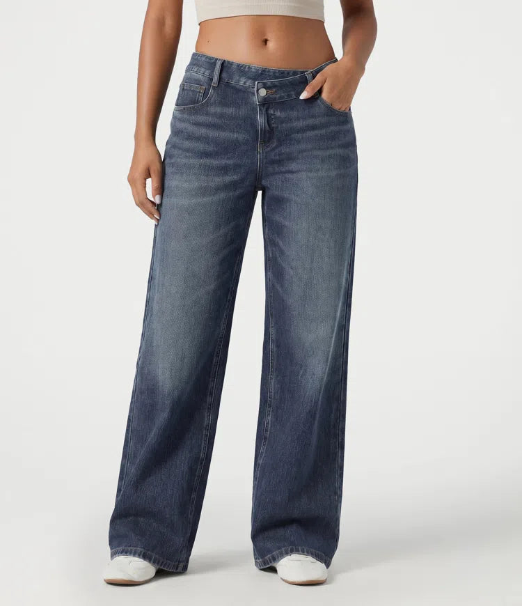 Halara Flex Asymmetric Low Rise Baggy Washed Casual Jeans with Pockets