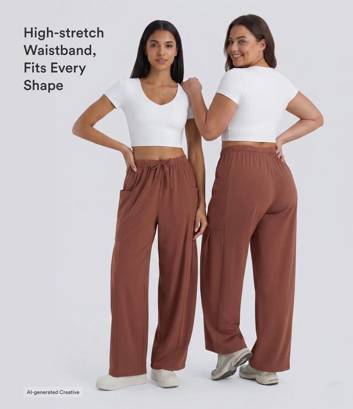 Mid Rise Elastic Waistband Drawstring Pocket Palazzo Flowy Wide Leg Baggy Casual Pants
