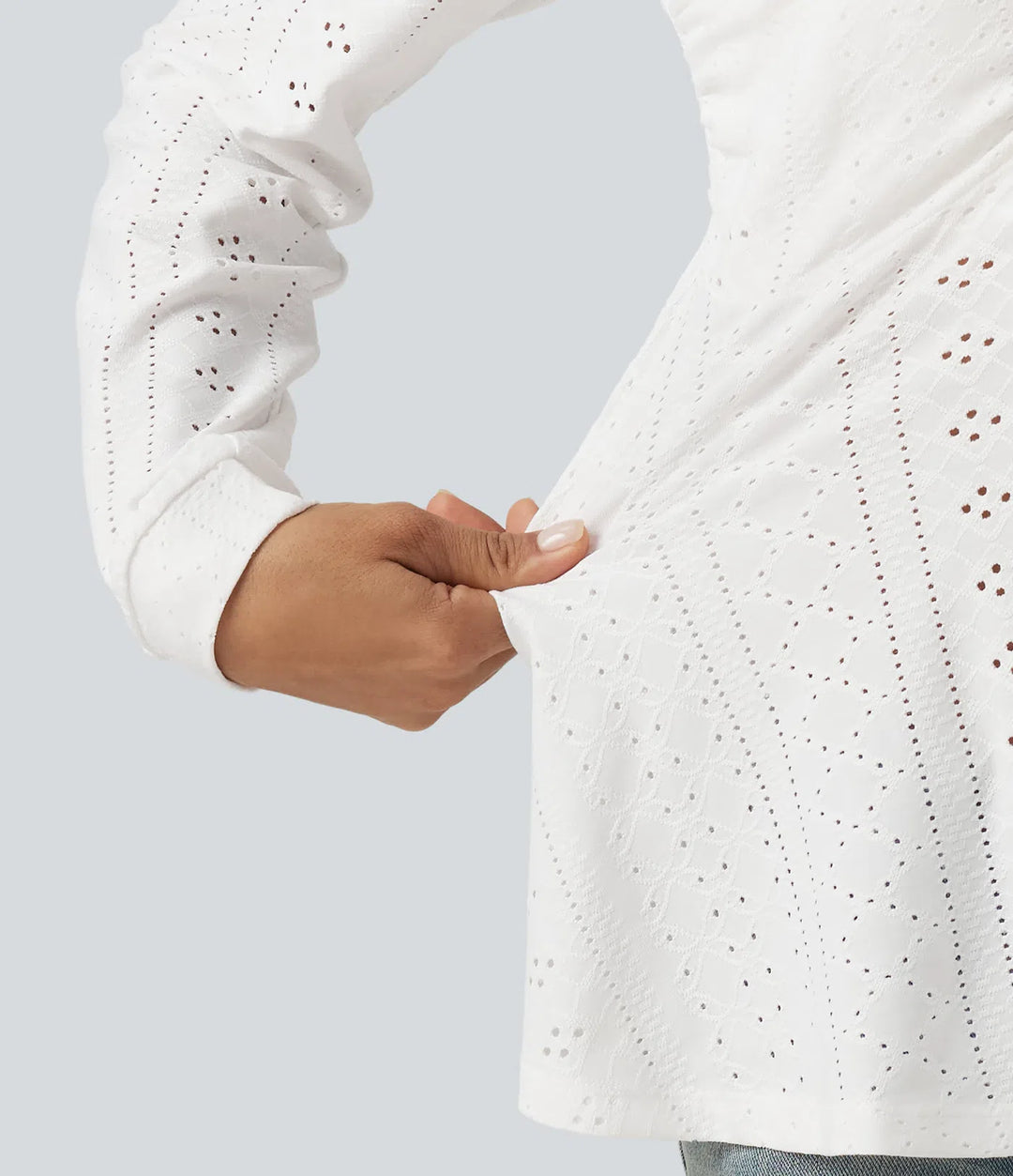 Sweetheart Neck Long Sleeve Lace Up Built-in Bra Eyelet Casual Top