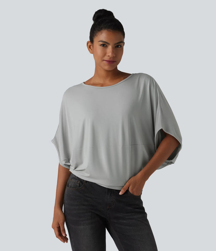 Round Neck Batwing Sleeve Relaxed Casual Top