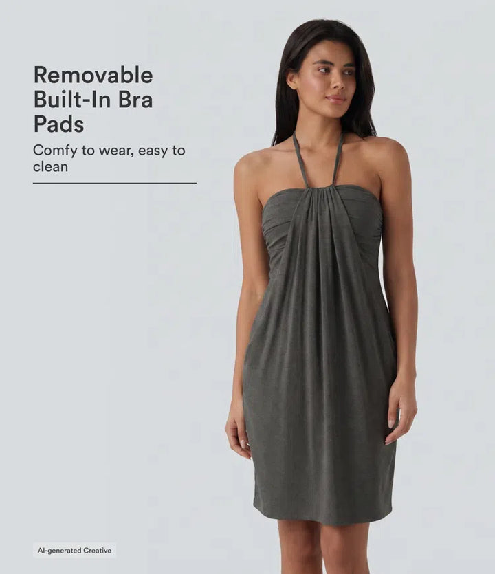 Halter Tie Back Built-in Bra Longer Mini Dress with Pockets
