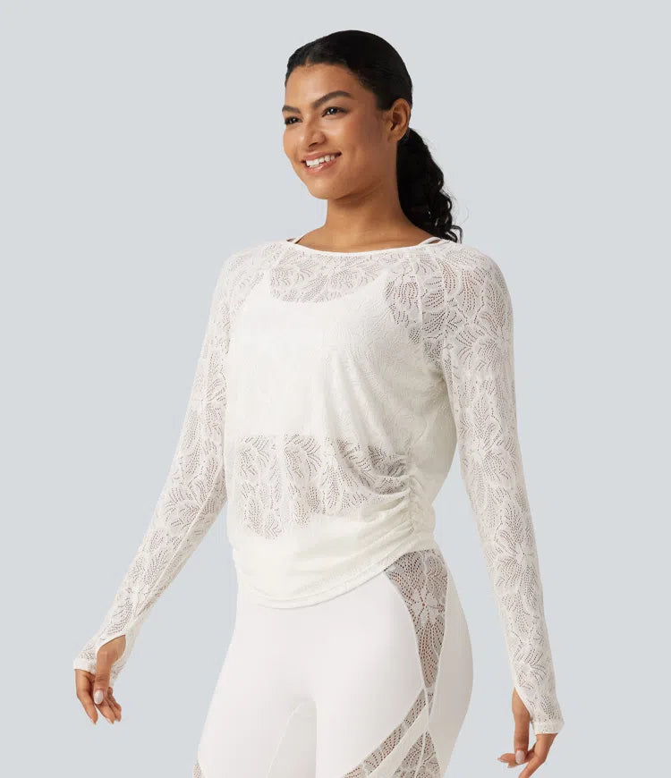 Cut Out Long Sleeve Thumb Hole Ruched Lace Yoga Sports Top