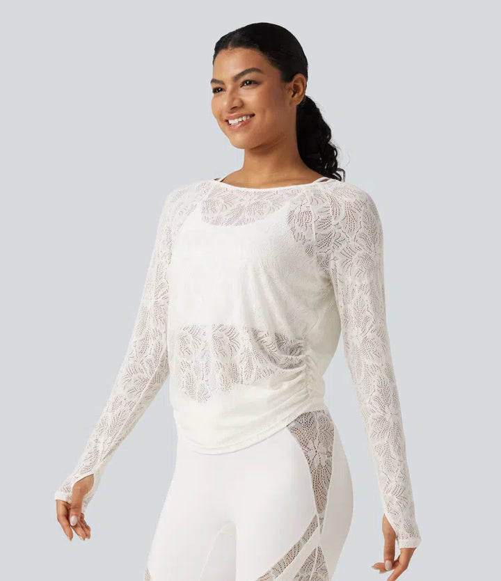Cut Out Long Sleeve Thumb Hole Ruched Lace Yoga Sports Top