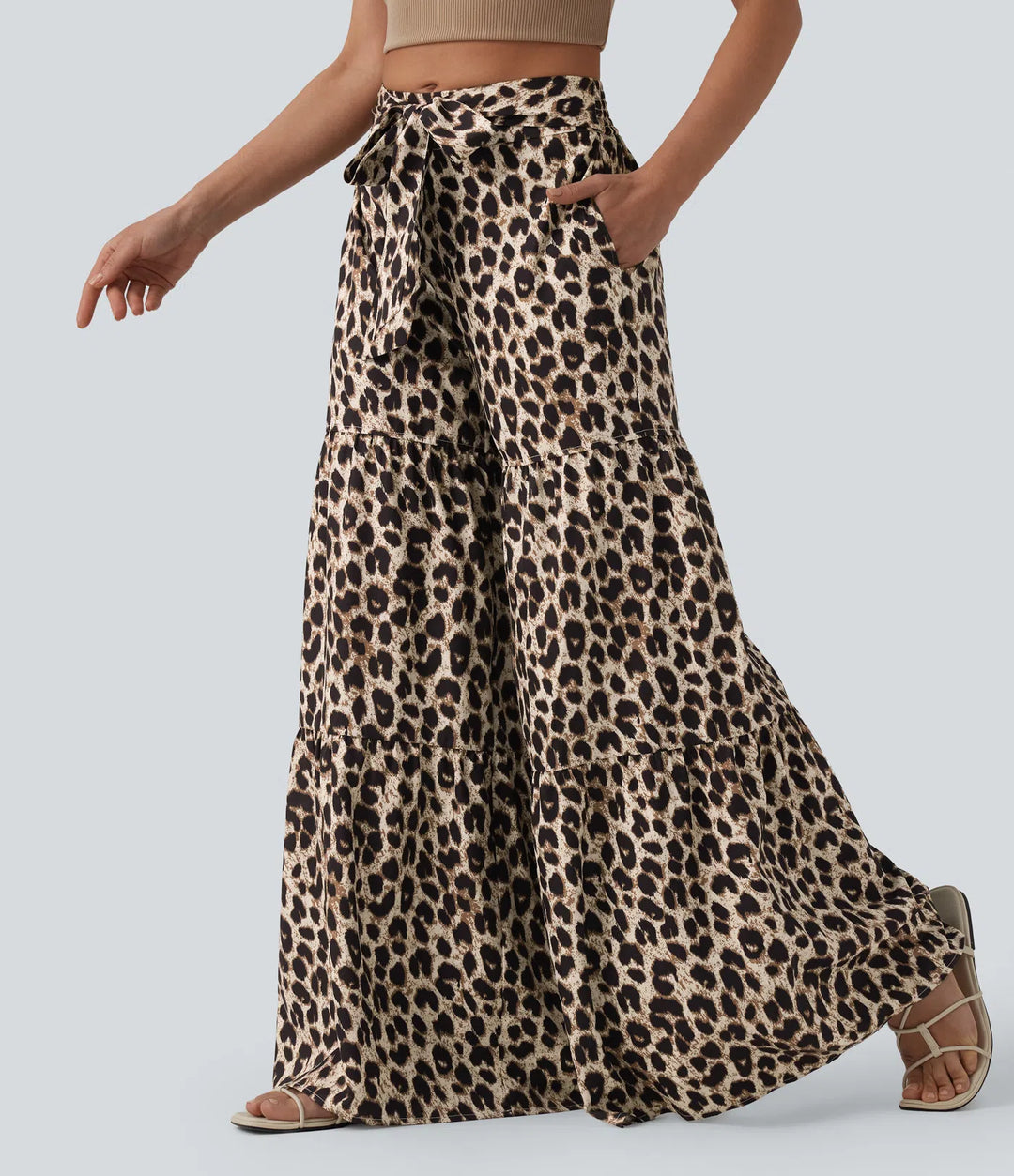 Mid Rise Tie Front Baggy Leopard Print Casual Pants with Pockets