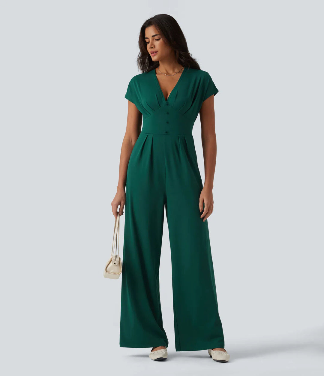 V Neck Short Sleeve Wide Leg Casual Jumpsuit with Pockets-Easy Peezy Edition
