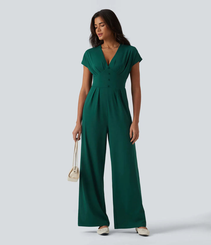 V Neck Short Sleeve Wide Leg Casual Jumpsuit with Pockets-Easy Peezy Edition