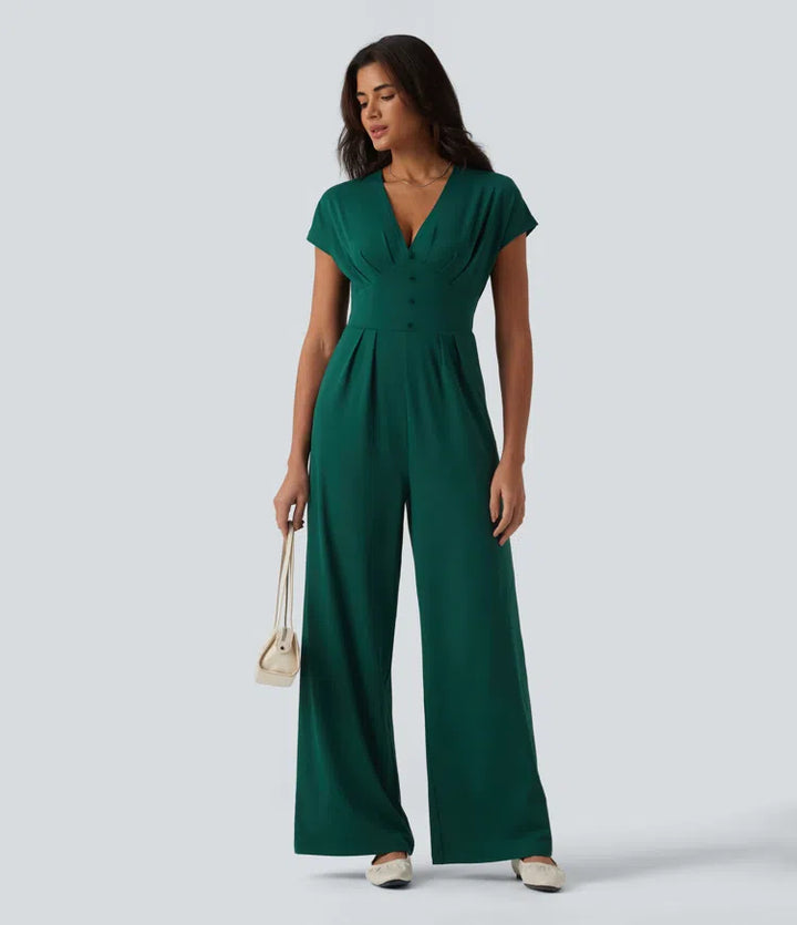 V Neck Short Sleeve Wide Leg Casual Jumpsuit with Pockets-Easy Peezy Edition