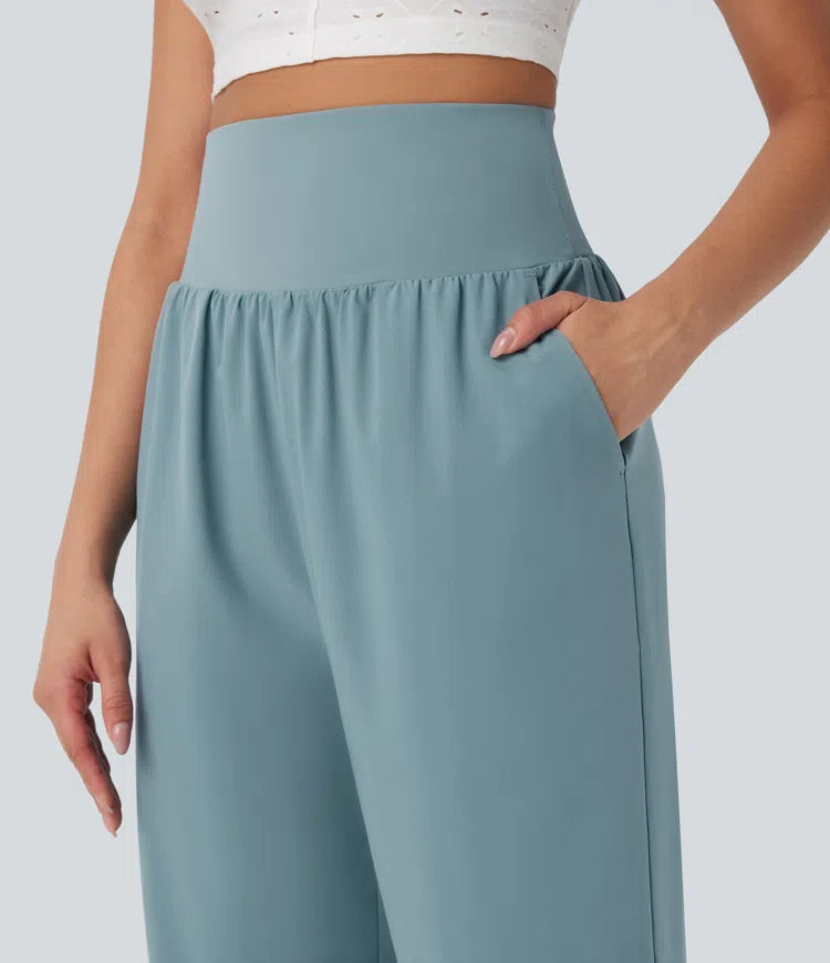 Breezeful High Waisted Tummy Control Hem Quick Dry Capri Pants with Pockets