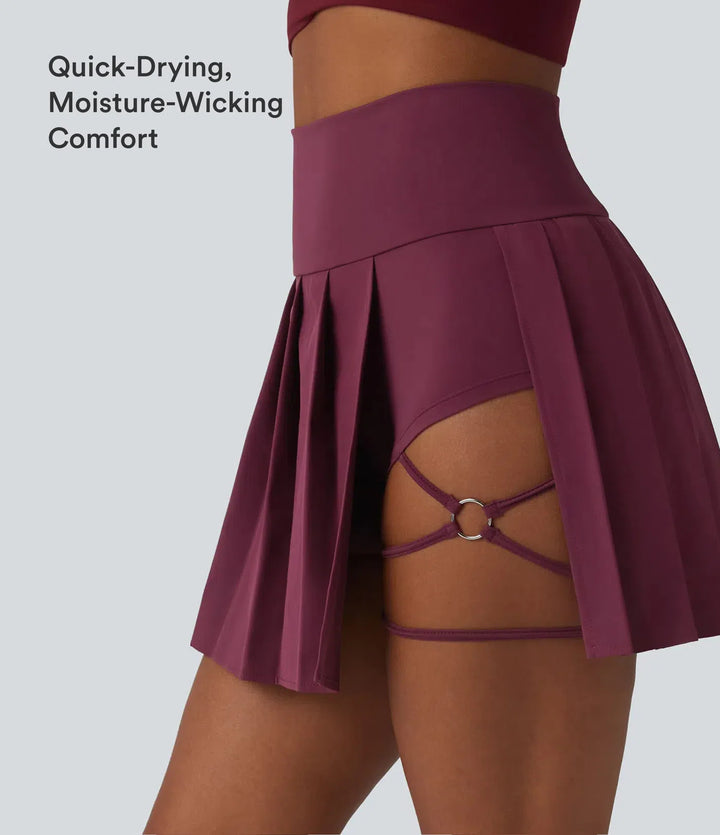 Breezeful High Waisted Pleated 2-in-1 Asymmetric Hem Quick Dry Mini Dance Skirt with Pockets-Longer Length