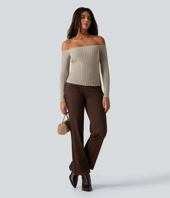 Ribbed Knit Off Shoulder Long Sleeve Built-in Bra Casual Top