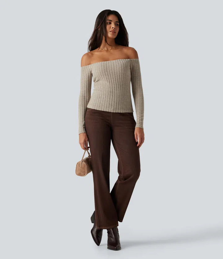 Ribbed Knit Off Shoulder Long Sleeve Built-in Bra Casual Top