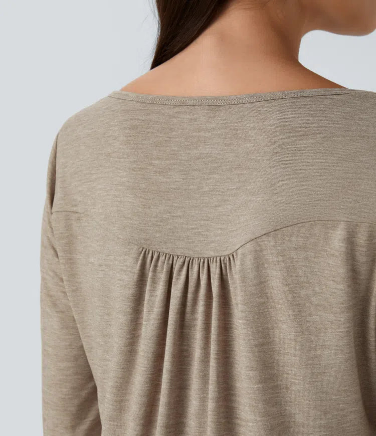 Round Neck Long Sleeve Curved Hem Casual Top