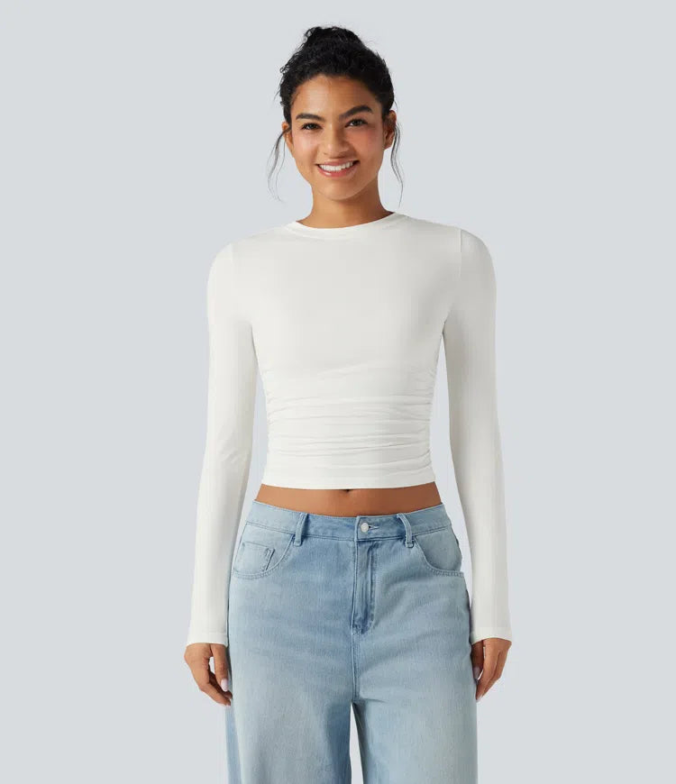 Round Neck Long Sleeve Ruched Casual Top