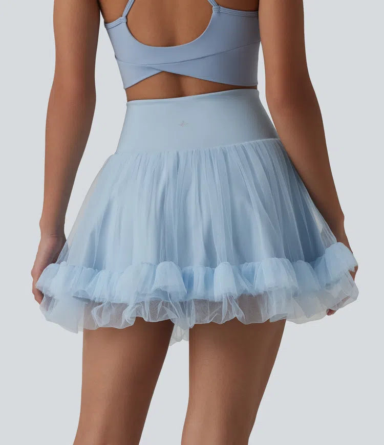 High Waisted Tummy Control Contrast Mesh 2-in-1 Mini Workout Skirt with Pockets