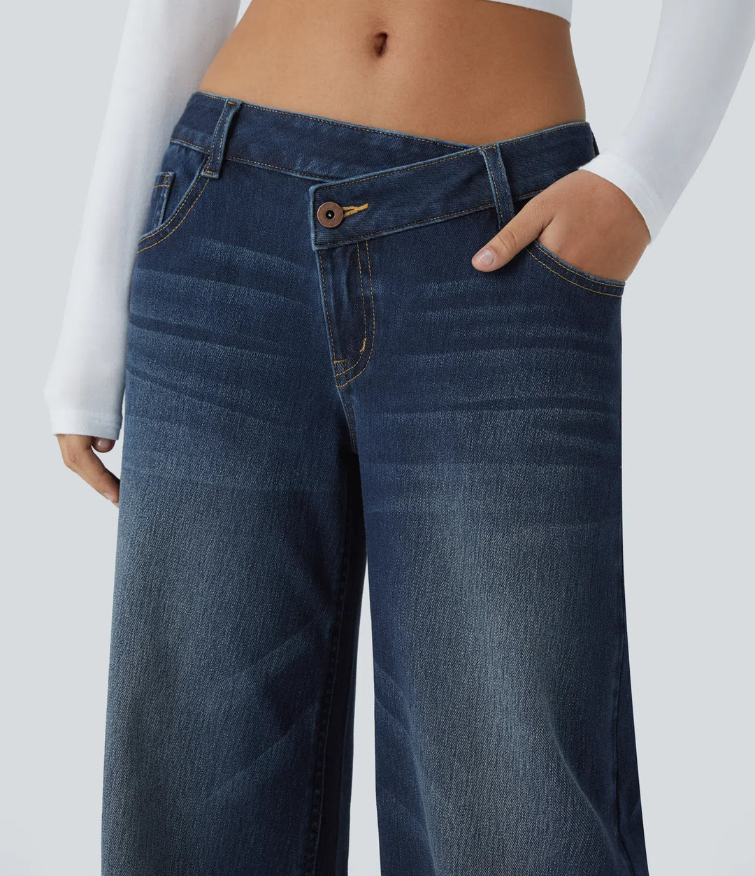 Halara Flex Asymmetric Low Rise Zipper Pockets Baggy Wide Leg Washed Casual Jeans