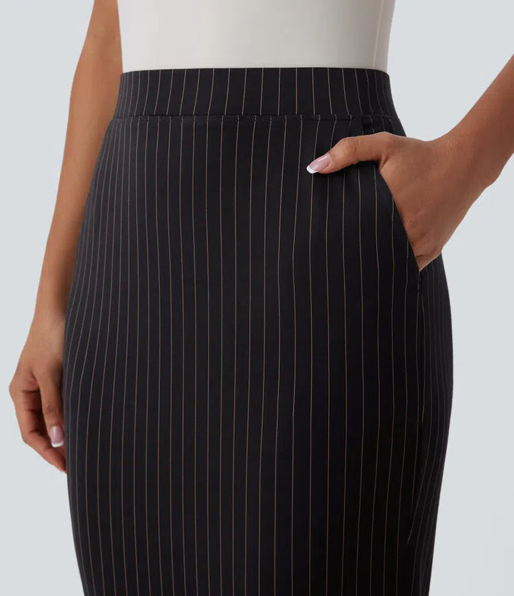 High Waisted Pocket Hem InstantCool Stripe Bodycon Work Skirt
