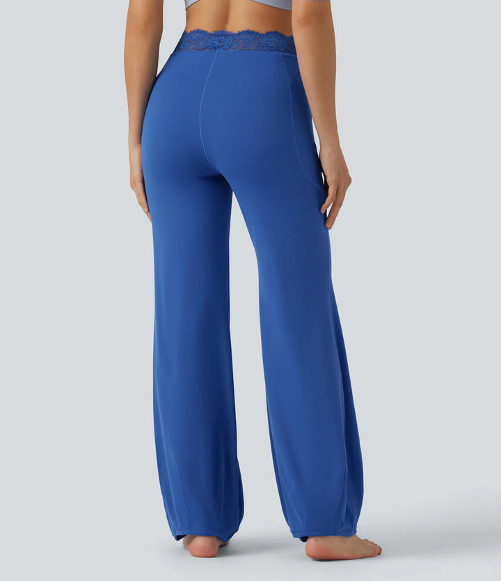 SoftlyZero High Waisted Contrast Lace Dance Balloon Pants with Pockets