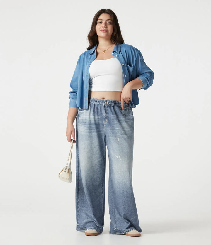 Plus Size Mid Rise Denim Print French Terry Casual Sweatpants Jeans with Pockets