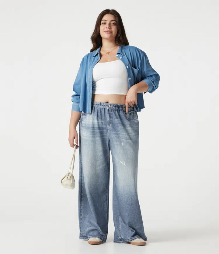 Plus Size Mid Rise Denim Print French Terry Casual Sweatpants Jeans with Pockets