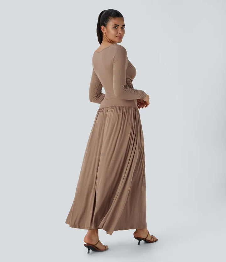 Ribbed Boat Neck Long Sleeve Ruched Pocket Flowy Maxi Casual Dress
