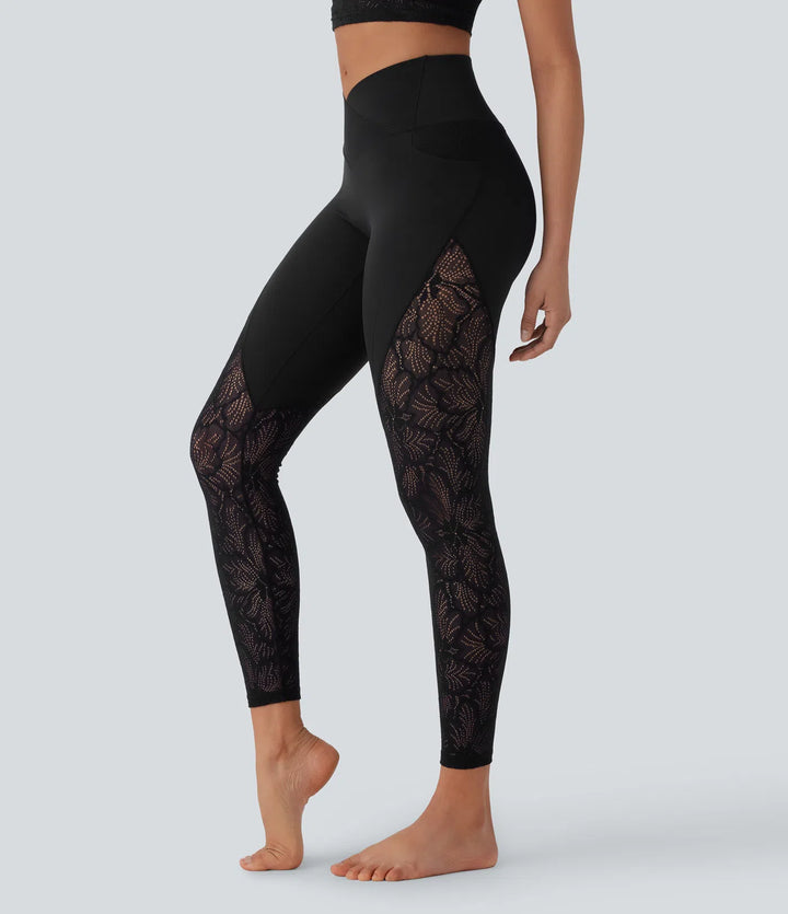 SoftlyZero High Waisted Crossover Pocket Contrast Lace 7/8 Yoga Leggings
