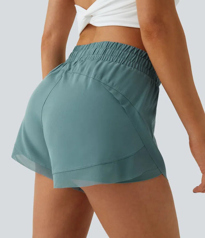 Mid Rise Drawstring Contrast Mesh 2-in-1 Flowy Running Shorts 3&