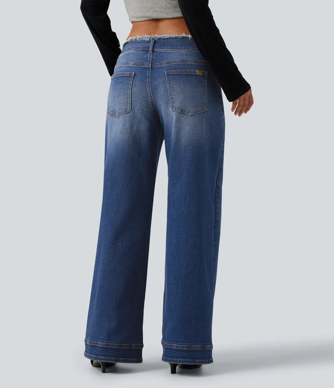 Low Rise Raw Hem Wide Leg Casual Jeans with Pockets