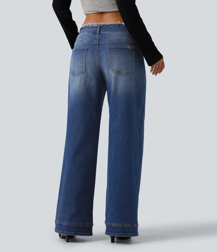 Low Rise Raw Hem Wide Leg Casual Jeans with Pockets
