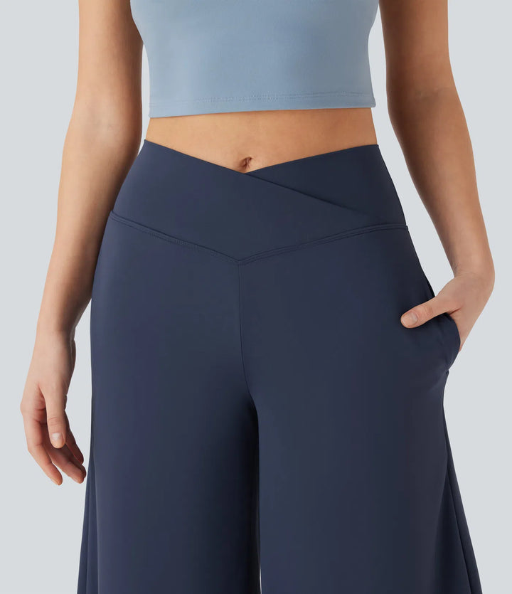 SoftlyZero Airy Crossover High Waisted Wide Leg InstantCool Yoga Pedal Pusher Pants with Pockets