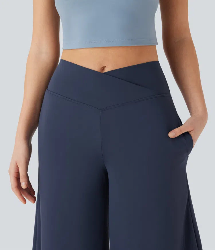 SoftlyZero Airy Crossover High Waisted Wide Leg InstantCool Yoga Pedal Pusher Pants with Pockets
