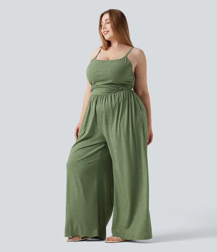 Plus Size Built-in Bra Ruched Wide Leg Heathered Casual Jumpsuit with Pockets-Easy Peezy Edition