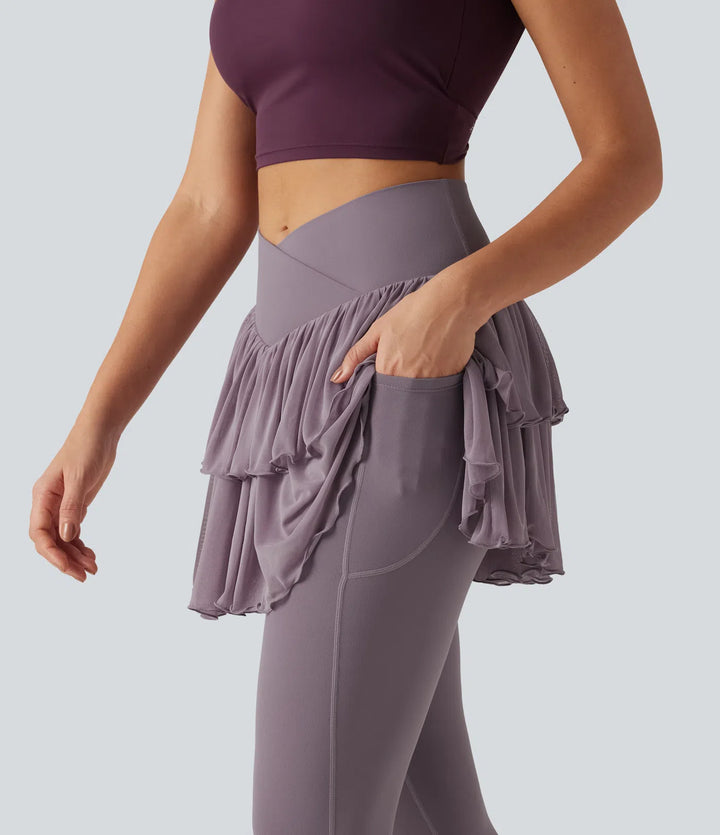 Softlyzero High Waisted Crossover Contrast Mesh Workout Skirted Leggings with Pockets