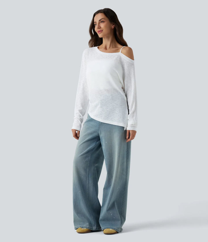 Semi Sheer One Shoulder Long Sleeve Asymmetric Hem Casual T-Shirt