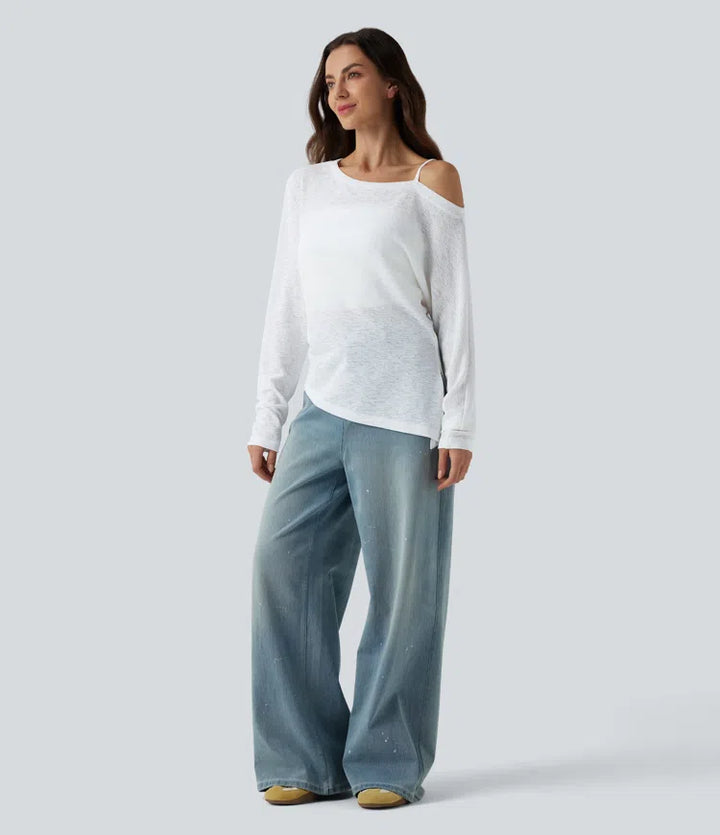 Semi Sheer One Shoulder Long Sleeve Asymmetric Hem Casual T-Shirt