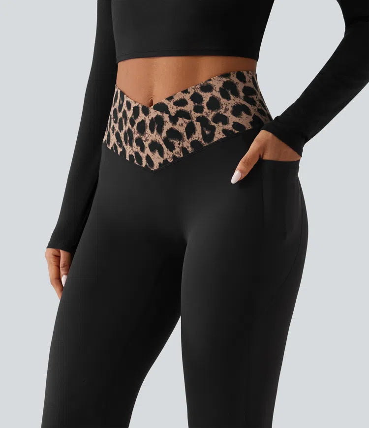 Halara UltraSculpt Leopard Print High Waisted Crossover InstantCool Casual Flare Pants with Pockets